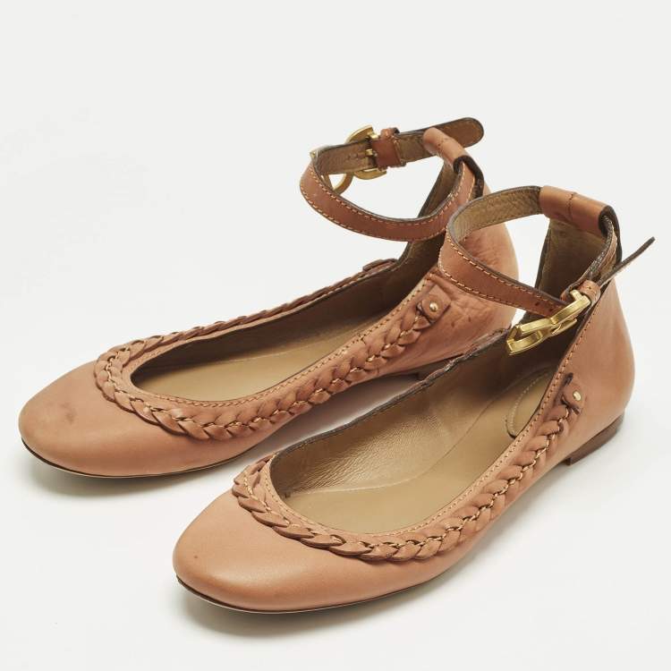 Pre Owned Chloe Brown Leather Braided Cuff Ballet Flats Size 37