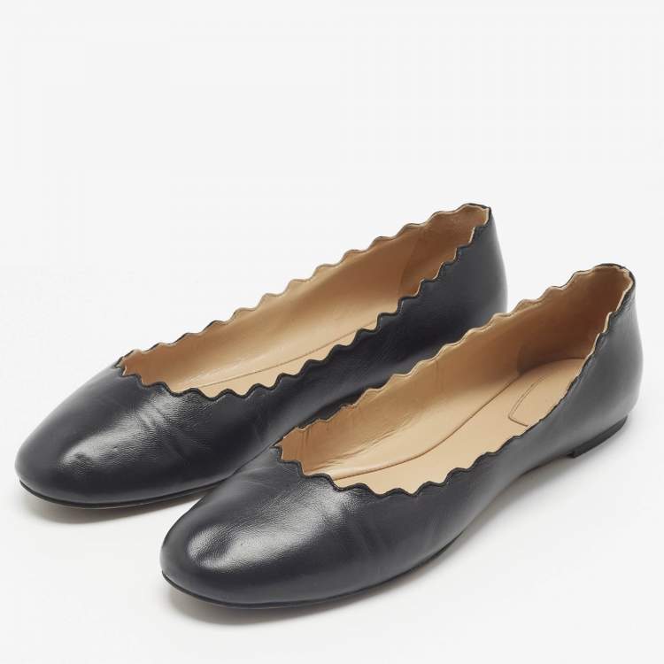 Pre Owned Chloe Black Leather Lauren Scalloped Ballet Flats Size 41