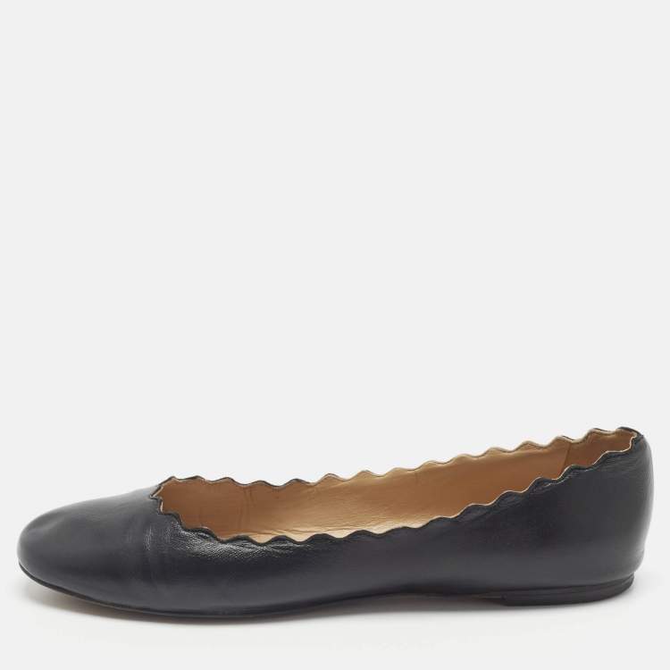 Pre Owned Chloe Black Leather Lauren Scalloped Ballet Flats Size 41