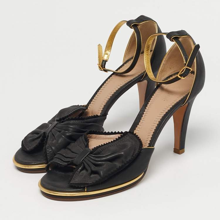 Pre Owned Chloe Size 39 Black Leather Bow Ankle Strap Sandals