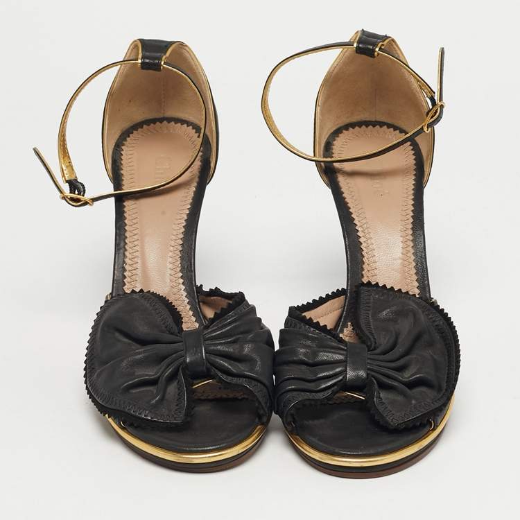 Pre Owned Chloe Size 39 Black Leather Bow Ankle Strap Sandals