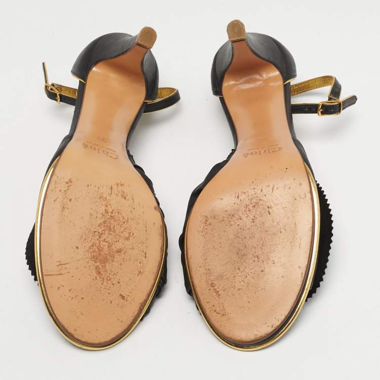 Pre Owned Chloe Size 39 Black Leather Bow Ankle Strap Sandals