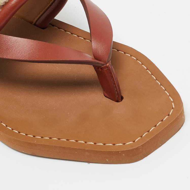 Pre Owned Chloé Woody Size 36 Brown/Beige Leather and Shearling Fur Thong Slingback Flat Sandals