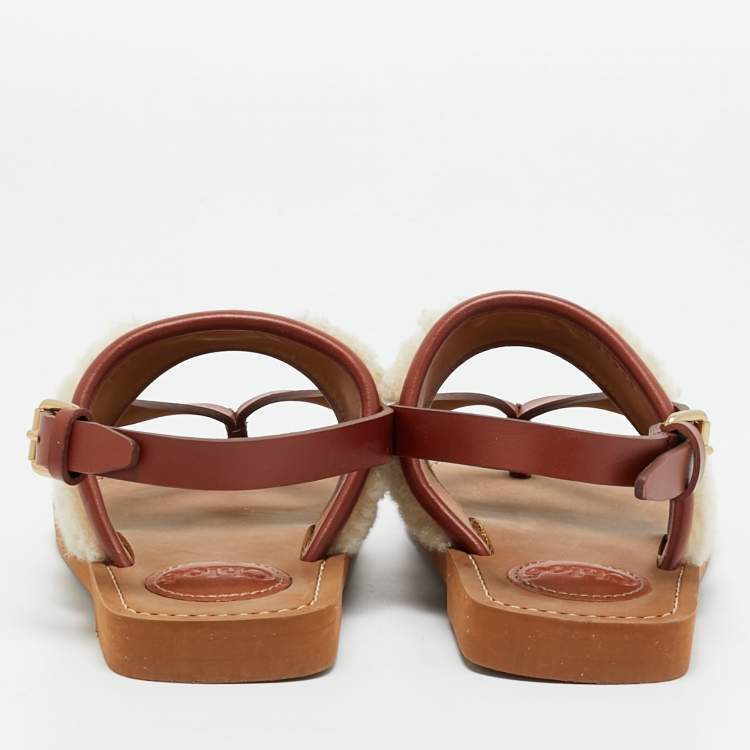 Pre Owned Chloé Woody Size 36 Brown/Beige Leather and Shearling Fur Thong Slingback Flat Sandals