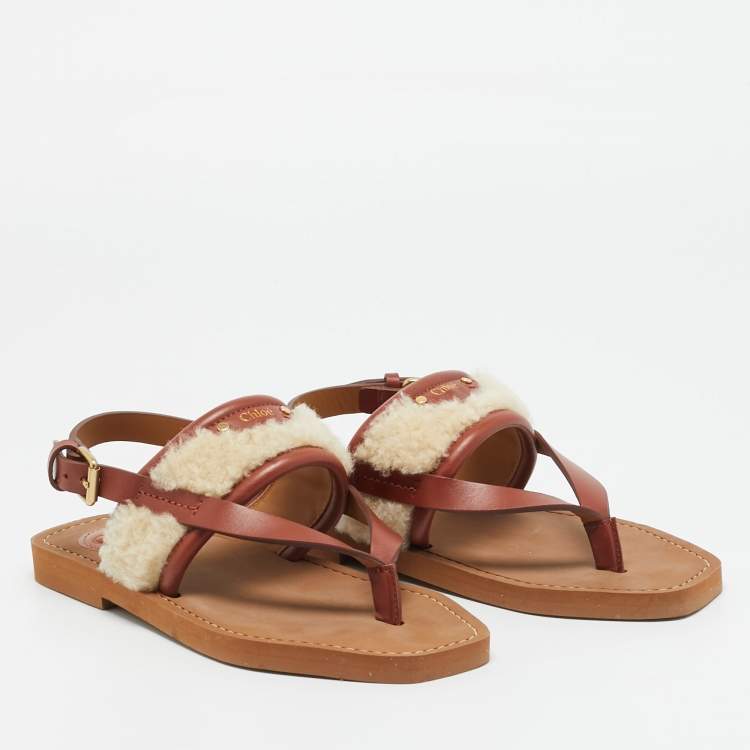Pre Owned Chloé Woody Size 36 Brown/Beige Leather and Shearling Fur Thong Slingback Flat Sandals