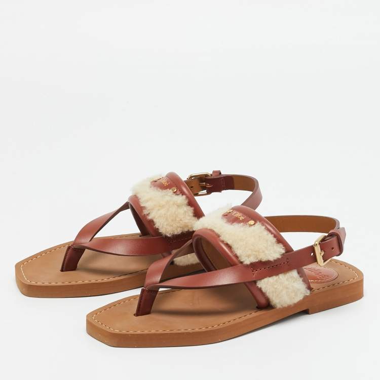 Pre Owned Chloé Woody Size 36 Brown/Beige Leather and Shearling Fur Thong Slingback Flat Sandals