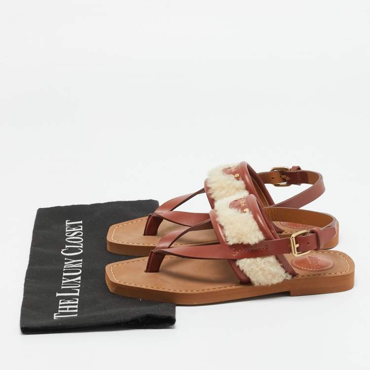 Pre Owned Chloé Woody Size 36 Brown/Beige Leather and Shearling Fur Thong Slingback Flat Sandals