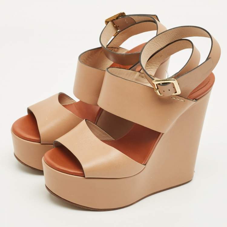 Pre Owned Chloe Size 38 Beige Leather Wedge Ankle Wrap Sandals
