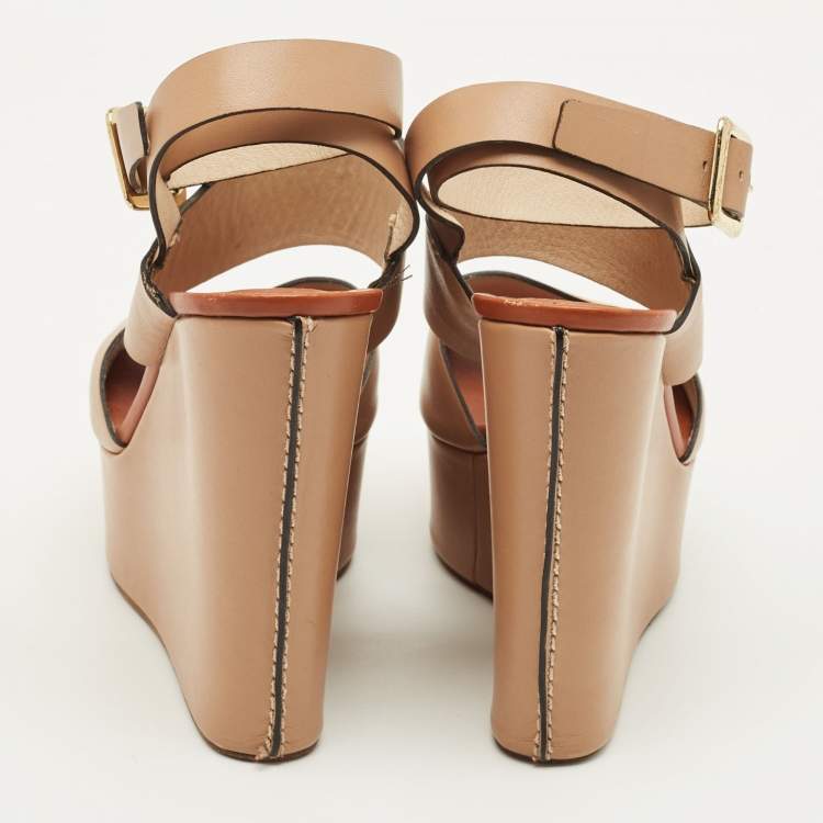 Pre Owned Chloe Size 38 Beige Leather Wedge Ankle Wrap Sandals