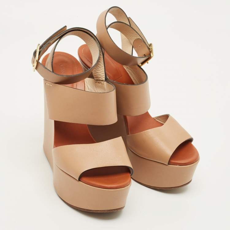 Pre Owned Chloe Size 38 Beige Leather Wedge Ankle Wrap Sandals