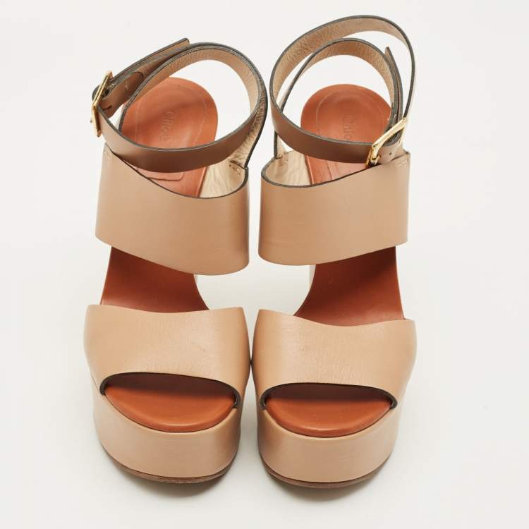 Pre Owned Chloe Size 38 Beige Leather Wedge Ankle Wrap Sandals