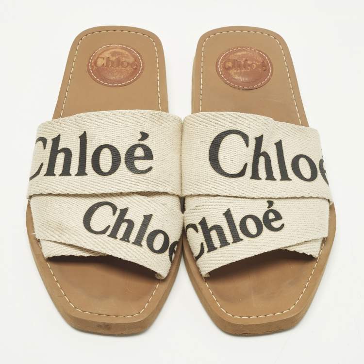 Pre Owned Chloe Woody Size 36 White Canvas Flat Slide