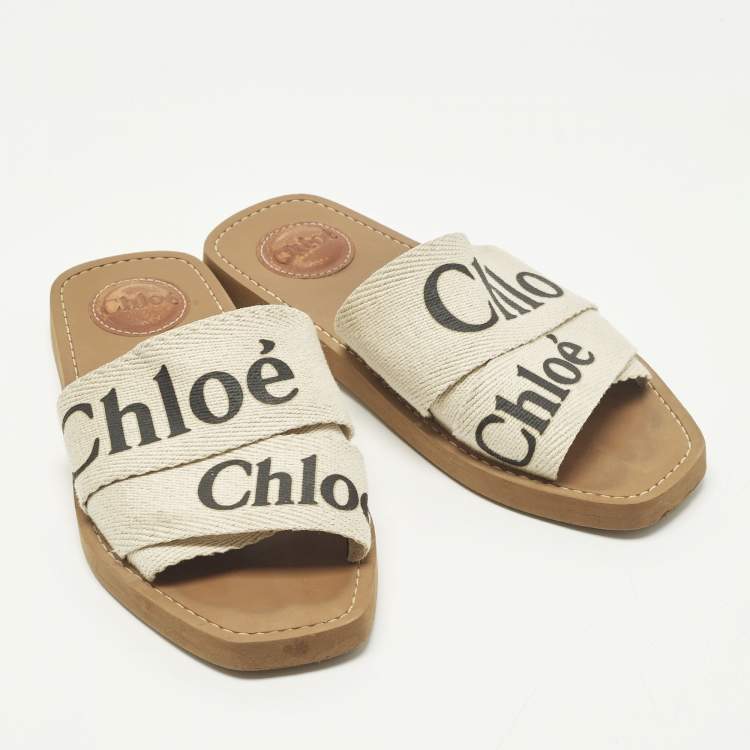 Pre Owned Chloe Woody Size 36 White Canvas Flat Slide