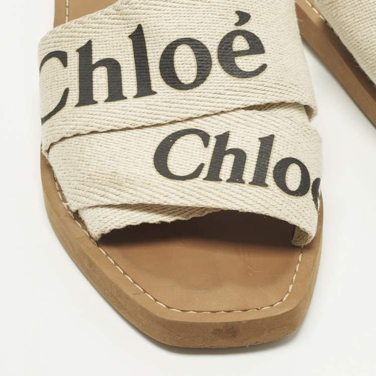 Pre Owned Chloe Woody Size 36 White Canvas Flat Slide