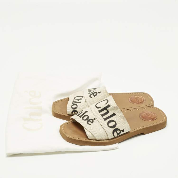 Pre Owned Chloe Woody Size 36 White Canvas Flat Slide