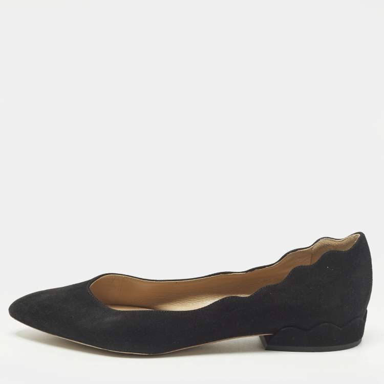 Pre Owned Chloe Laurena Scalloped Size 38 Black Suede Ballet Flats