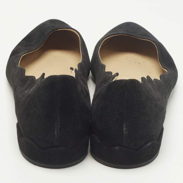 Pre Owned Chloe Laurena Scalloped Size 38 Black Suede Ballet Flats