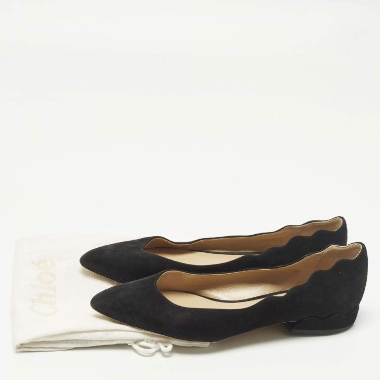 Pre Owned Chloe Laurena Scalloped Size 38 Black Suede Ballet Flats