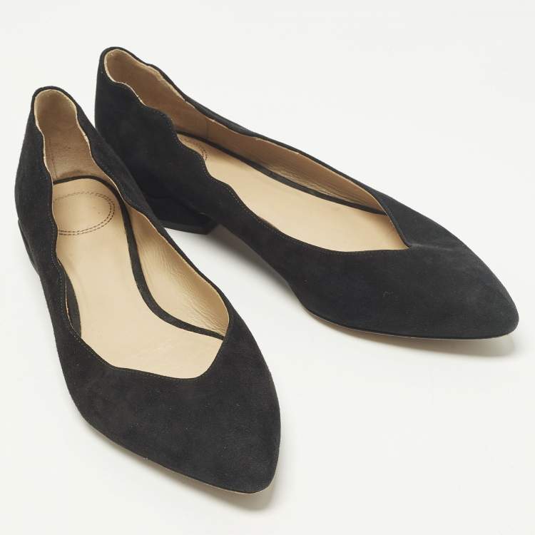 Pre Owned Chloe Laurena Scalloped Size 38 Black Suede Ballet Flats