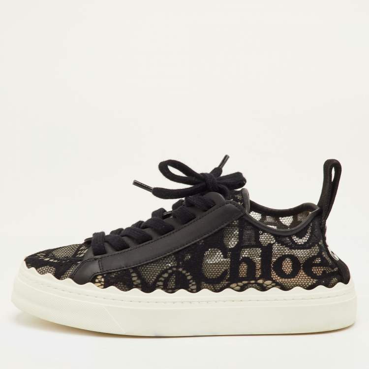 Pre Owned Chloe Lauren Size 36 Black Lace and Leather Low Top Sneakers