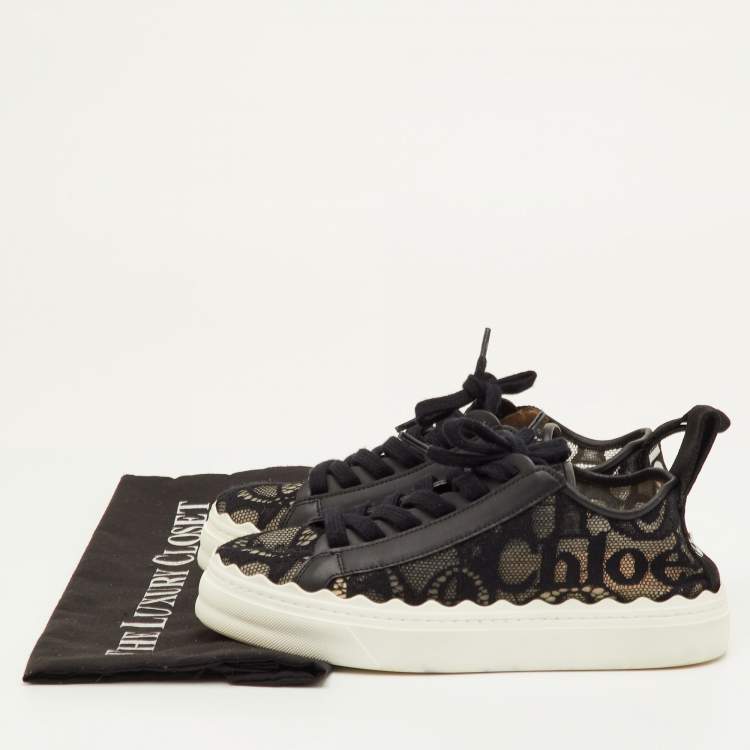 Pre Owned Chloe Lauren Size 36 Black Lace and Leather Low Top Sneakers