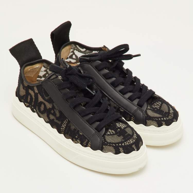 Pre Owned Chloe Lauren Size 36 Black Lace and Leather Low Top Sneakers