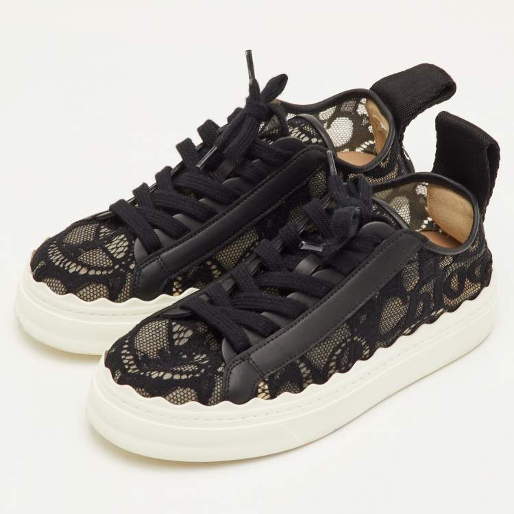 Pre Owned Chloe Lauren Size 36 Black Lace and Leather Low Top Sneakers