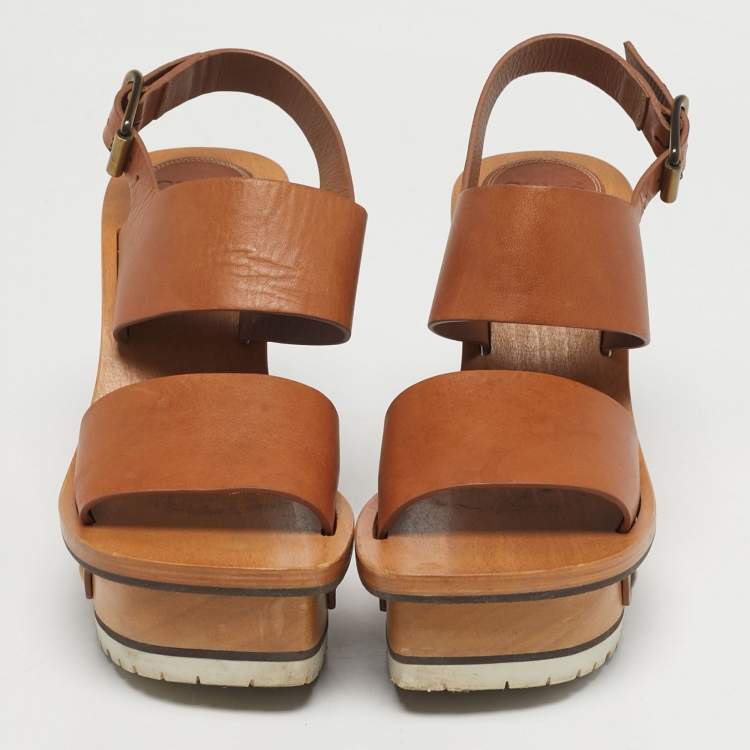 Pre Owned Chloe Size 37 Brown Leather Ankle strap Wedge Sandals