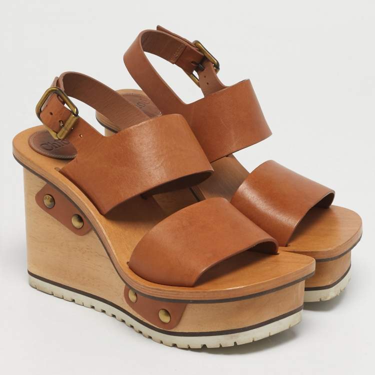 Pre Owned Chloe Size 37 Brown Leather Ankle strap Wedge Sandals
