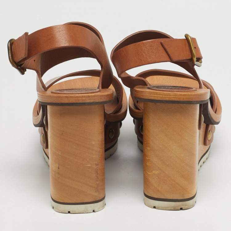 Pre Owned Chloe Size 37 Brown Leather Ankle strap Wedge Sandals