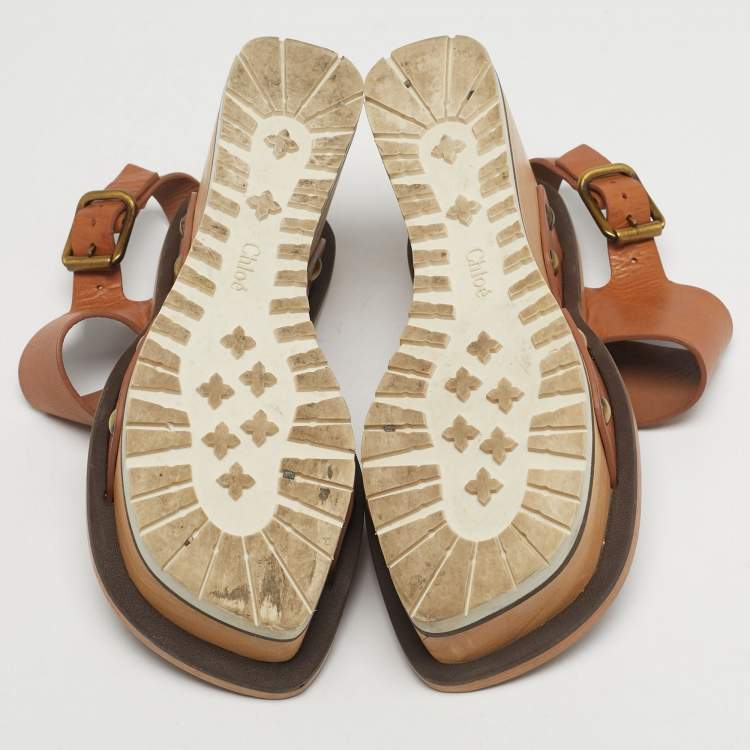 Pre Owned Chloe Size 37 Brown Leather Ankle strap Wedge Sandals