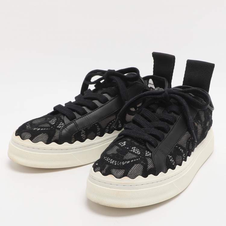 Pre Owned Chloé Lauren Size 39 Black Lace and Mesh Low Top Sneakers