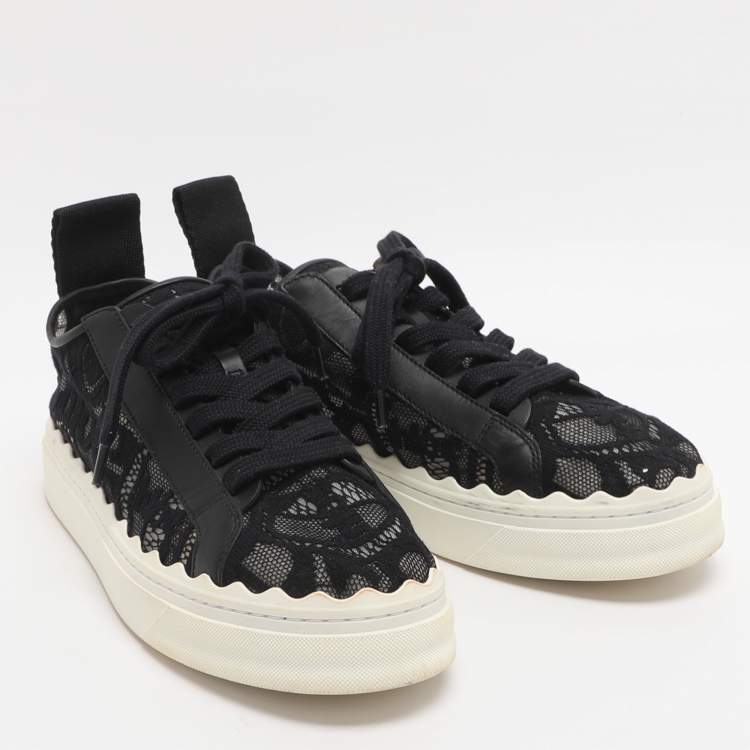 Pre Owned Chloé Lauren Size 39 Black Lace and Mesh Low Top Sneakers