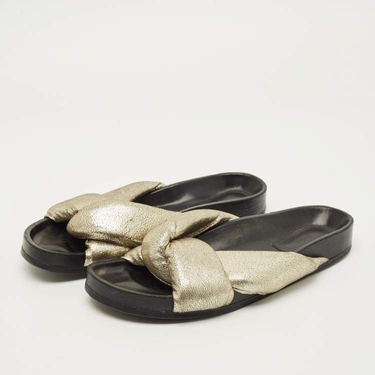 Pre Owned Chloe Size 41 Gold Leather Crisscross Flat Slides 
