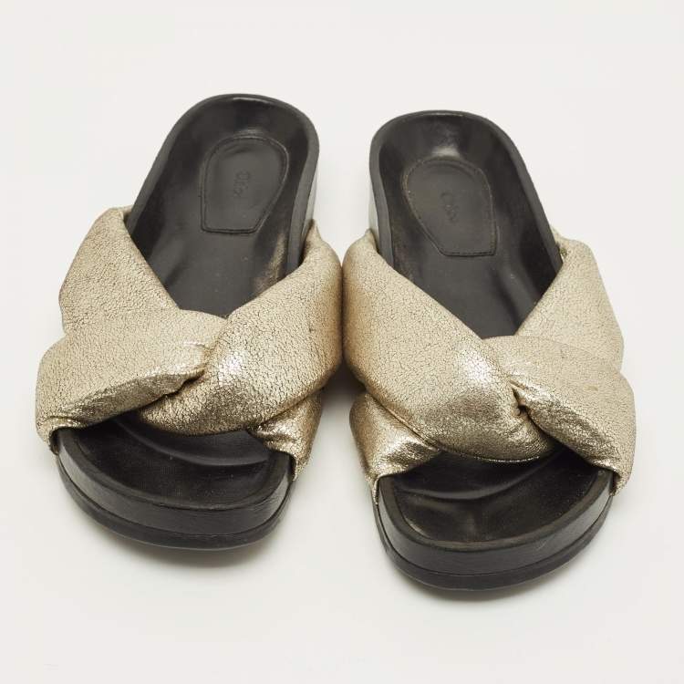 Pre Owned Chloe Size 41 Gold Leather Crisscross Flat Slides 