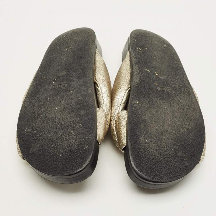 Pre Owned Chloe Size 41 Gold Leather Crisscross Flat Slides 