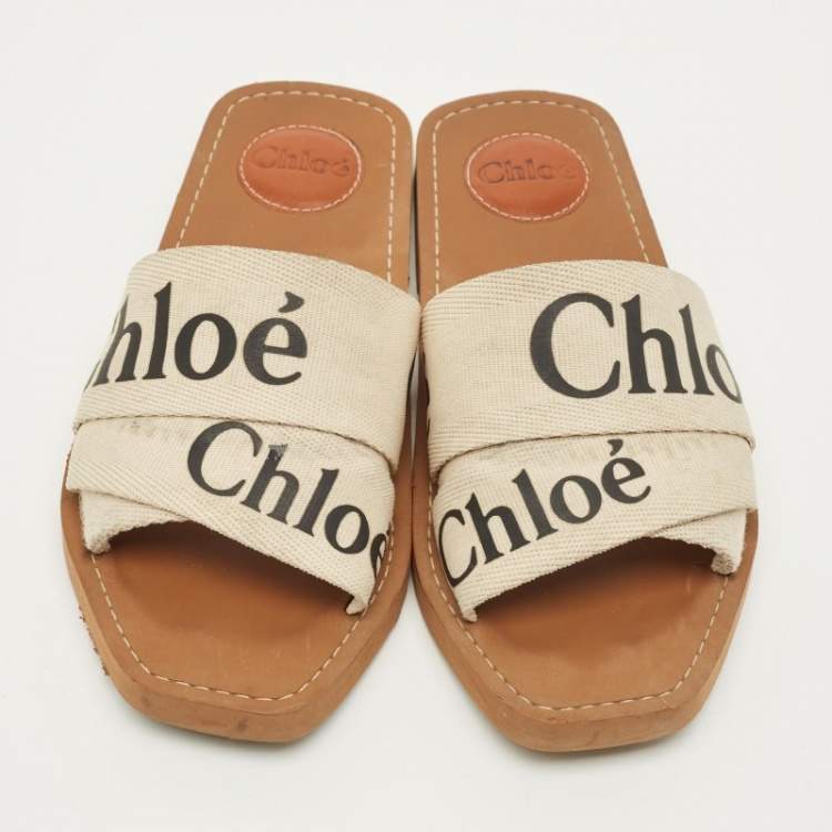 Pre Owned Chloe Woody Size 38 White Canvas Flat Slide
