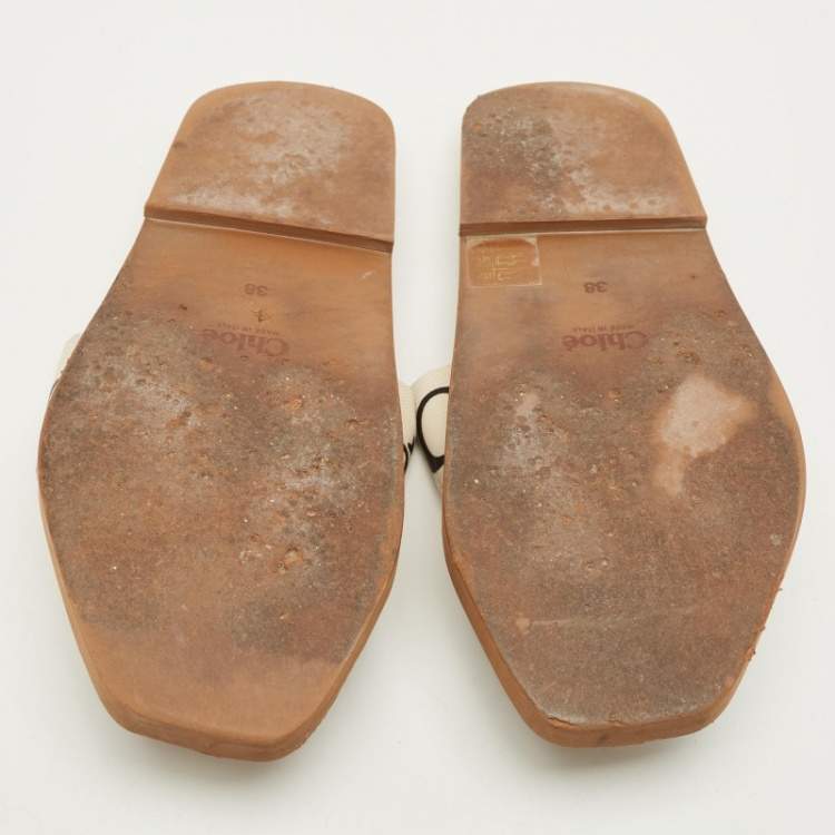 Pre Owned Chloe Woody Size 38 White Canvas Flat Slide