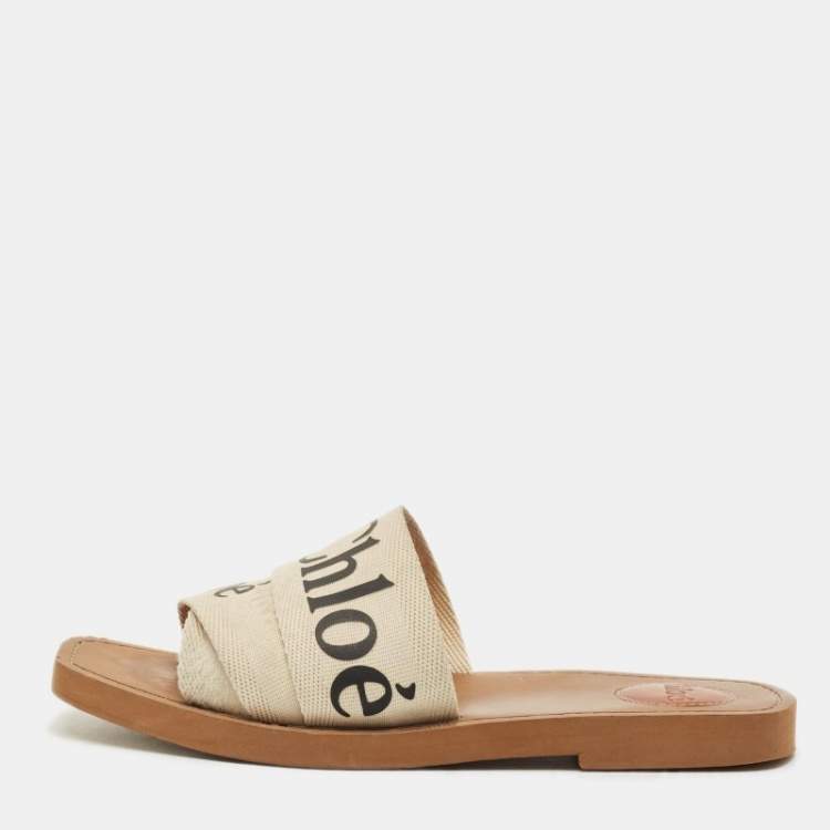 Pre Owned Chloe Woody Size 38 White Canvas Flat Slide