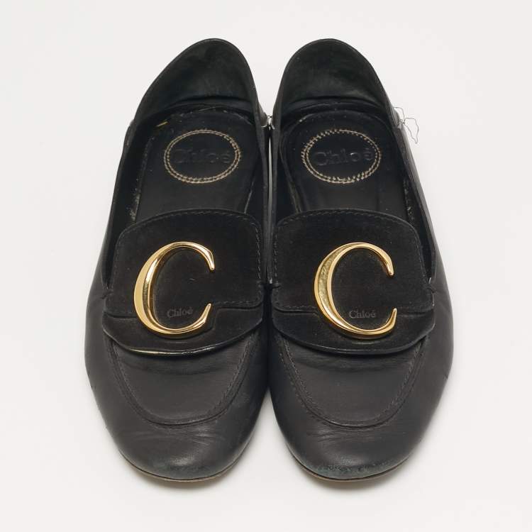 Pre Owned Chloe Chloe C Size 37.5 Black Leather C Logo Loafers