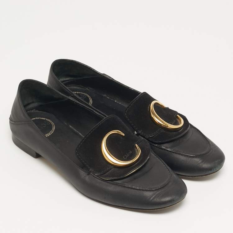 Pre Owned Chloe Chloe C Size 37.5 Black Leather C Logo Loafers