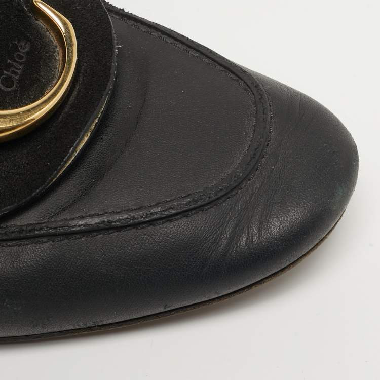 Pre Owned Chloe Chloe C Size 37.5 Black Leather C Logo Loafers