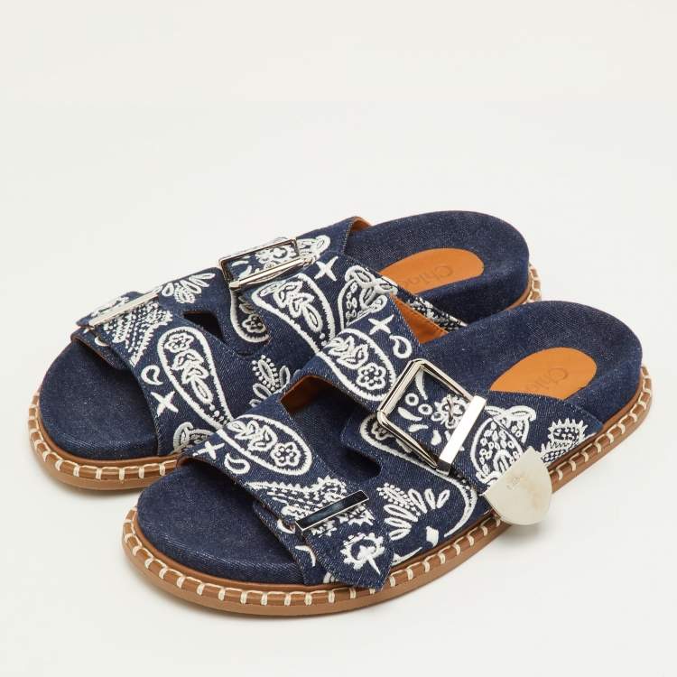 Pre Owned Chloe Rebecca Size 39 Navy Blue Embroidered Denim Slide Sandals