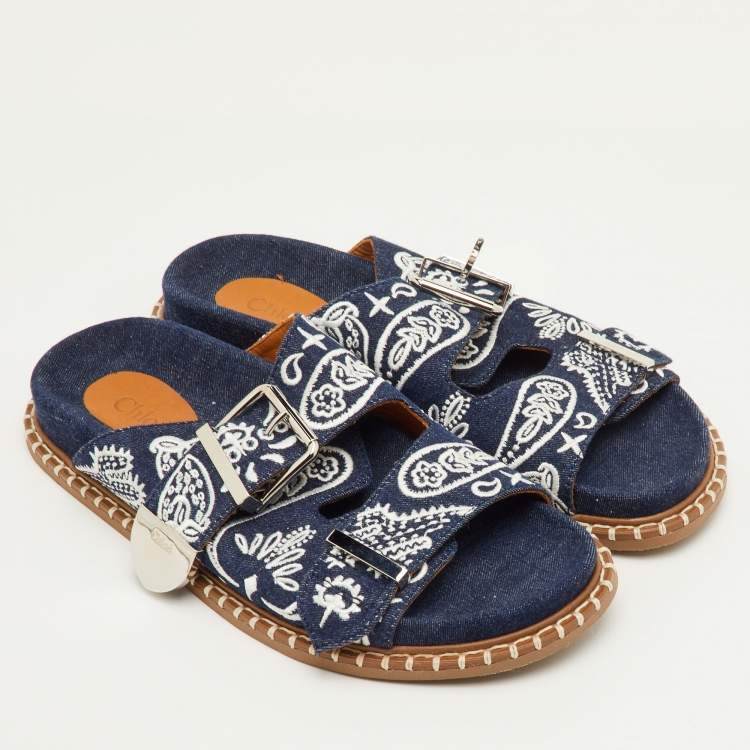 Pre Owned Chloe Rebecca Size 39 Navy Blue Embroidered Denim Slide Sandals