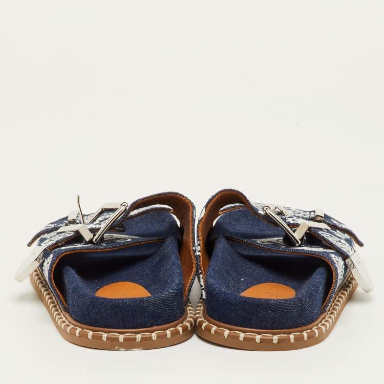 Pre Owned Chloe Rebecca Size 39 Navy Blue Embroidered Denim Slide Sandals