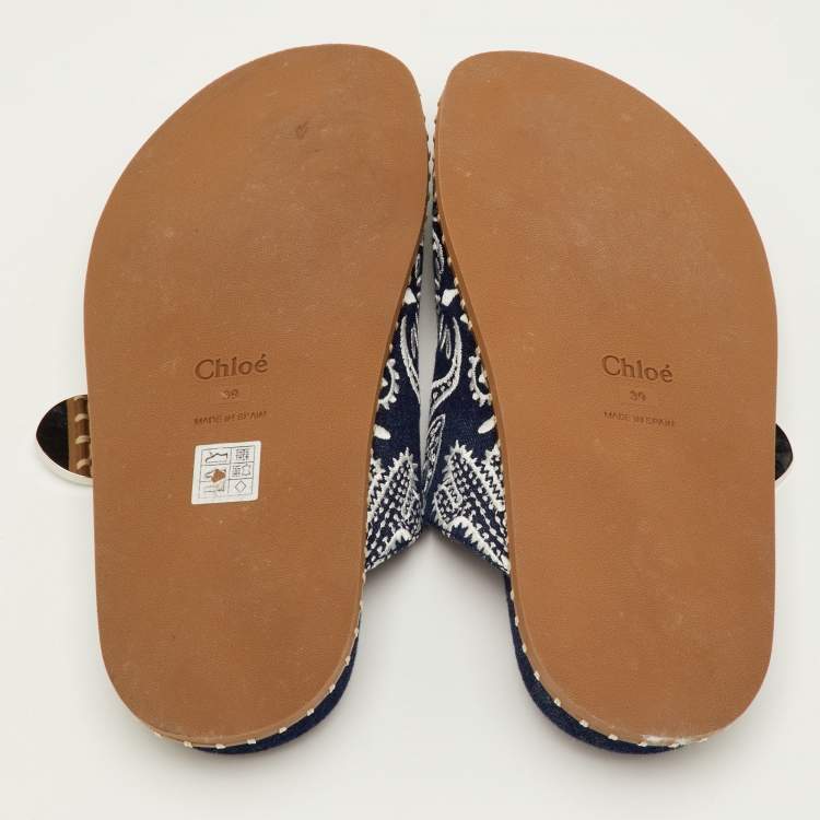 Pre Owned Chloe Rebecca Size 39 Navy Blue Embroidered Denim Slide Sandals