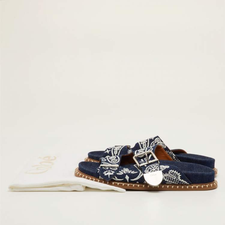 Pre Owned Chloe Rebecca Size 39 Navy Blue Embroidered Denim Slide Sandals
