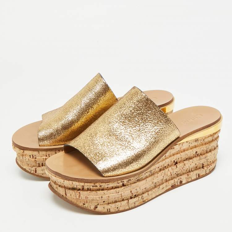 Pre Owned Chloe Size 37 Gold Foil Leather Cork Wedge Sandals