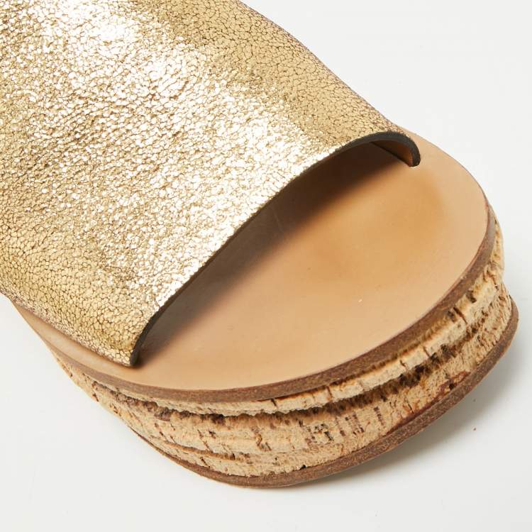 Pre Owned Chloe Size 37 Gold Foil Leather Cork Wedge Sandals