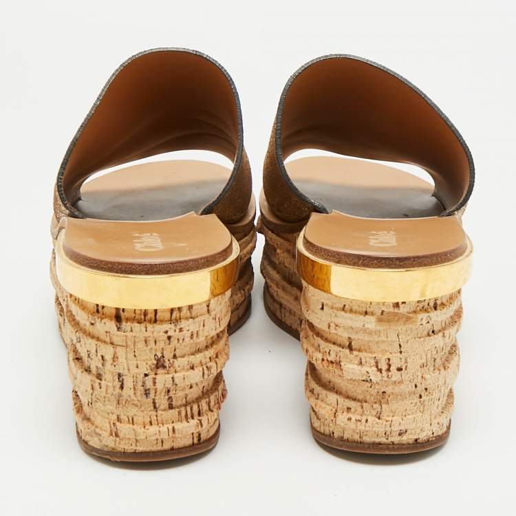 Pre Owned Chloe Size 37 Gold Foil Leather Cork Wedge Sandals